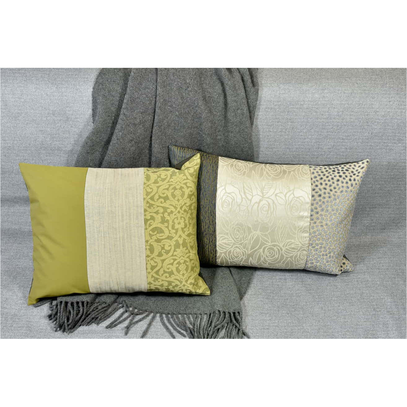 AN-NA Design bietet edle Kissen und besondere Geschenke, Design Manufaktur, handgefertigt in Deutschland. Hier sind Kissen zu sehen in den Farben gelb, beige und hellblau.