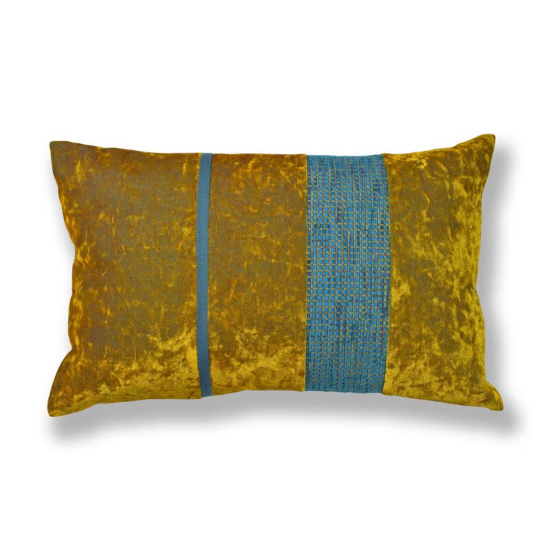 Kissen-Unikate von AN-NA Design in starken Farben, hier das Format 30x50 cm, in türkis und gelb.