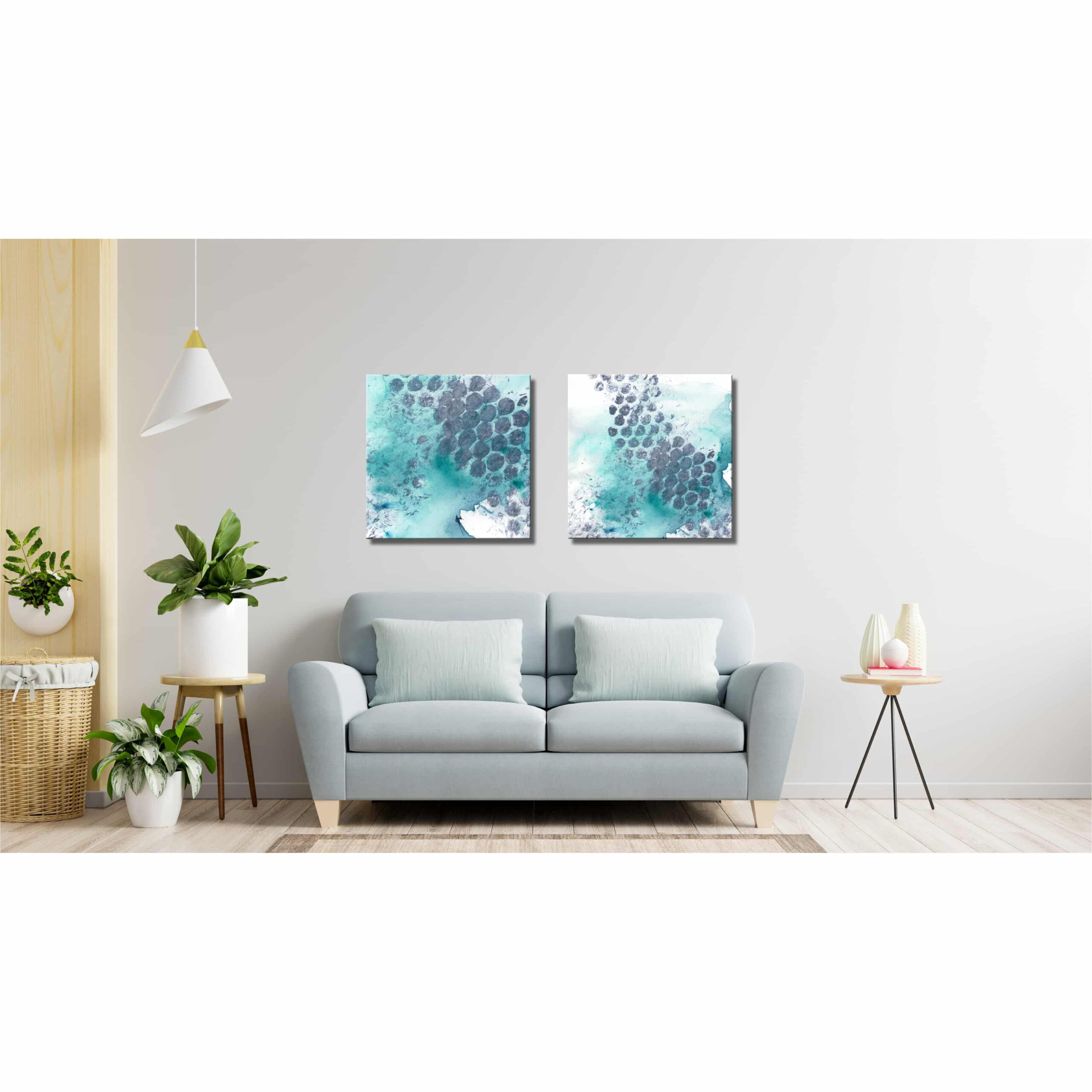 Farbenfrohes Wanddesign von Anna von der Heiden bei AN-NA Design. Hochwertiger Druck auf Leinwand. Maße 50 x 70 cm, Querformat. Farben: Türkis, Blau, Grau, Lila, Violett. Hier sehen Sie eine Ansicht als Bildergalerie in einem Wohnzimmer.