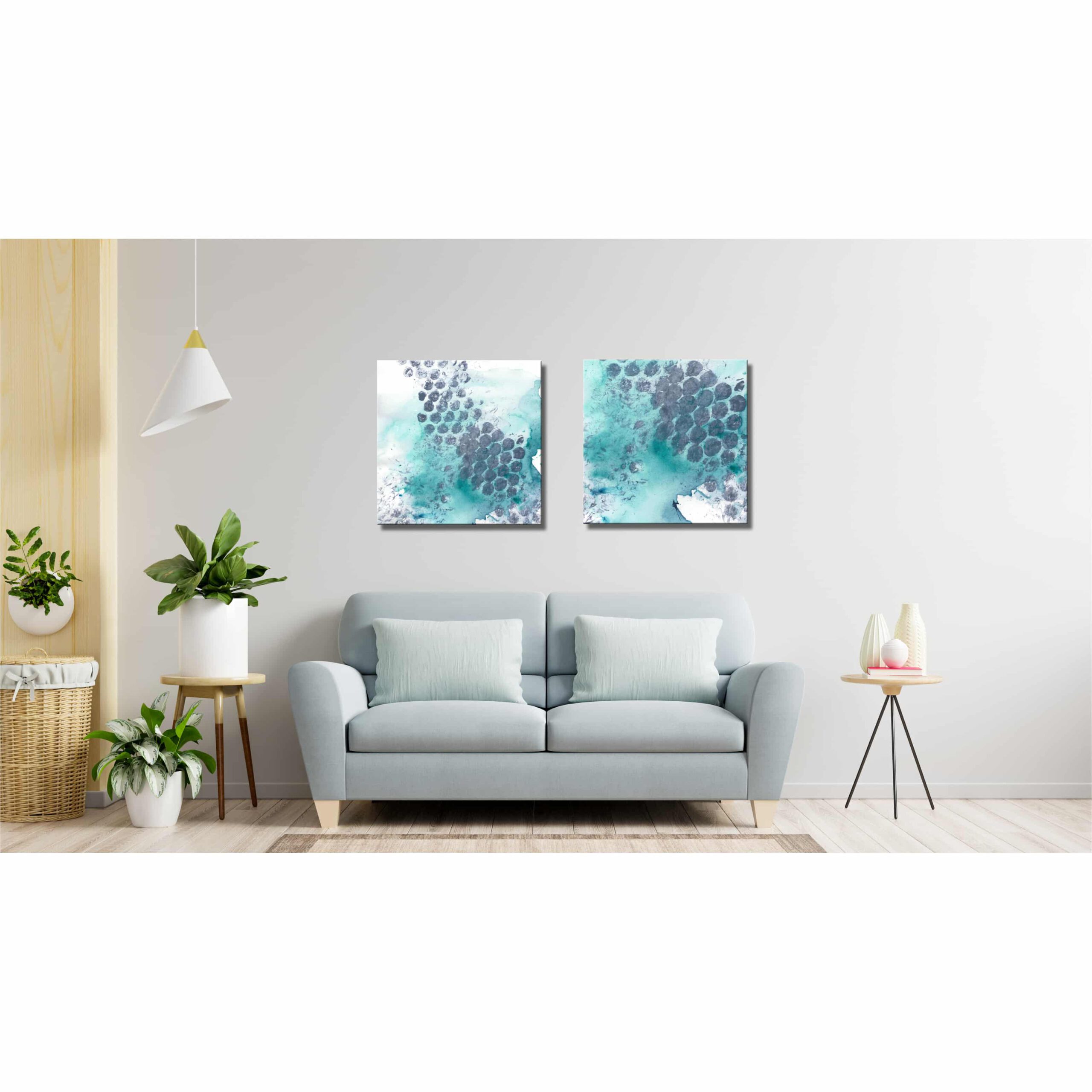 Farbenfrohes Wanddesign von Anna von der Heiden bei AN-NA Design. Hochwertiger Druck auf Leinwand. Maße 50 x 70 cm, Querformat. Farben: Türkis, Blau, Grau, Lila, Violett. Hier sehen Sie eine Ansicht als Bildergalerie in einem Wohnzimmer.