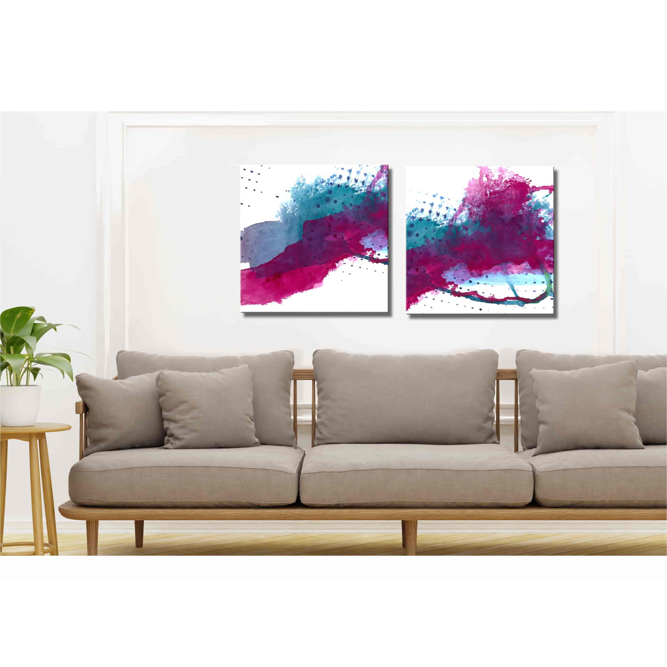 Farbenfrohes Wanddesign von Anna von der Heiden bei AN-NA Design. Hochwertiger Druck auf Leinwand. Farben: Rot, Rosa, Pink, Blau, Türkis.