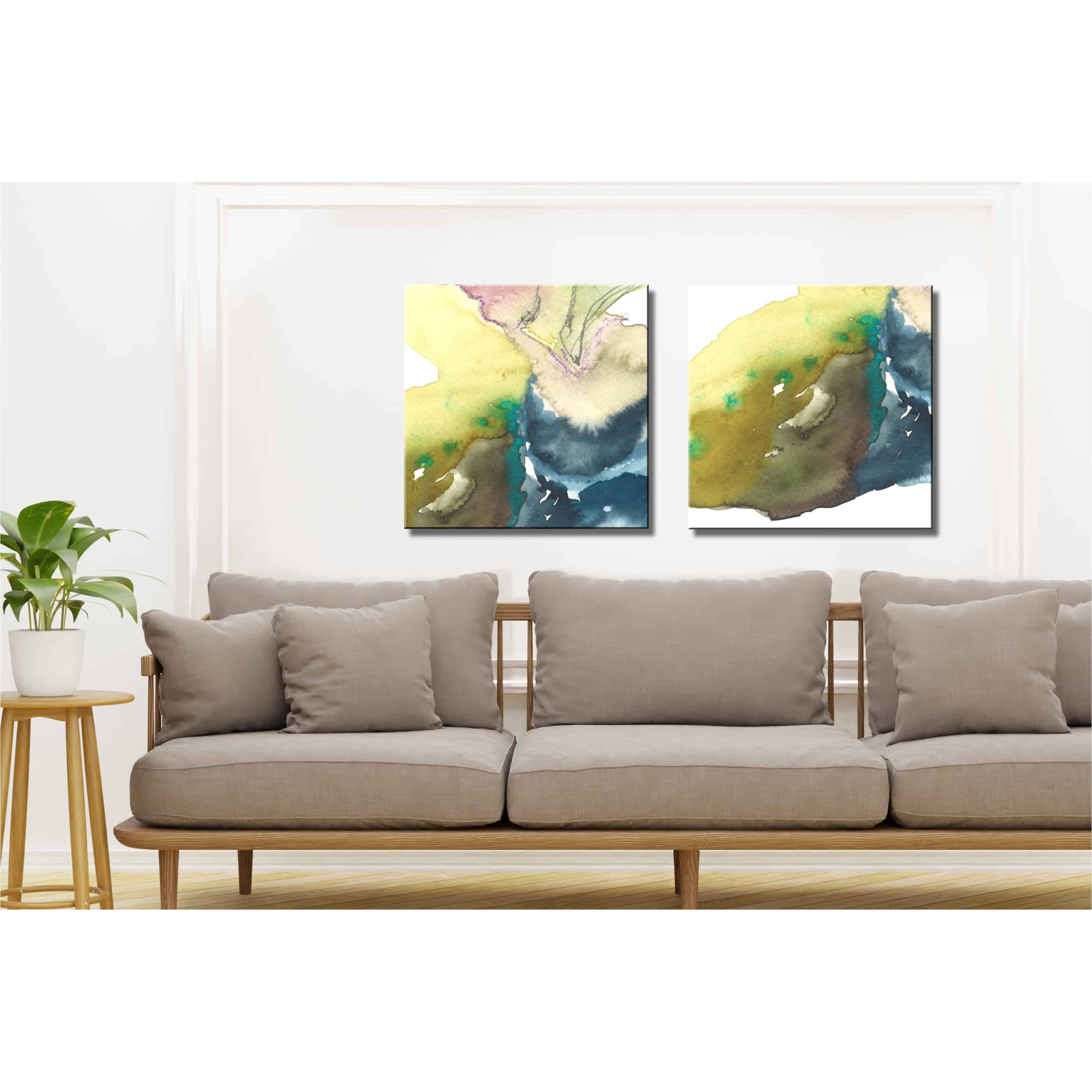 Farbenfrohes Wanddesign von Anna von der Heiden bei AN-NA Design. Hochwertiger Druck auf Leinwand. Maße 50 x 70 cm, Querformat. Farben: Türkis, Blau, Grau, Rosa, Gelb, Grün. Hier ein Anwendungsbeispiel für eine Bildergalerie in einem Wohnzimmer.