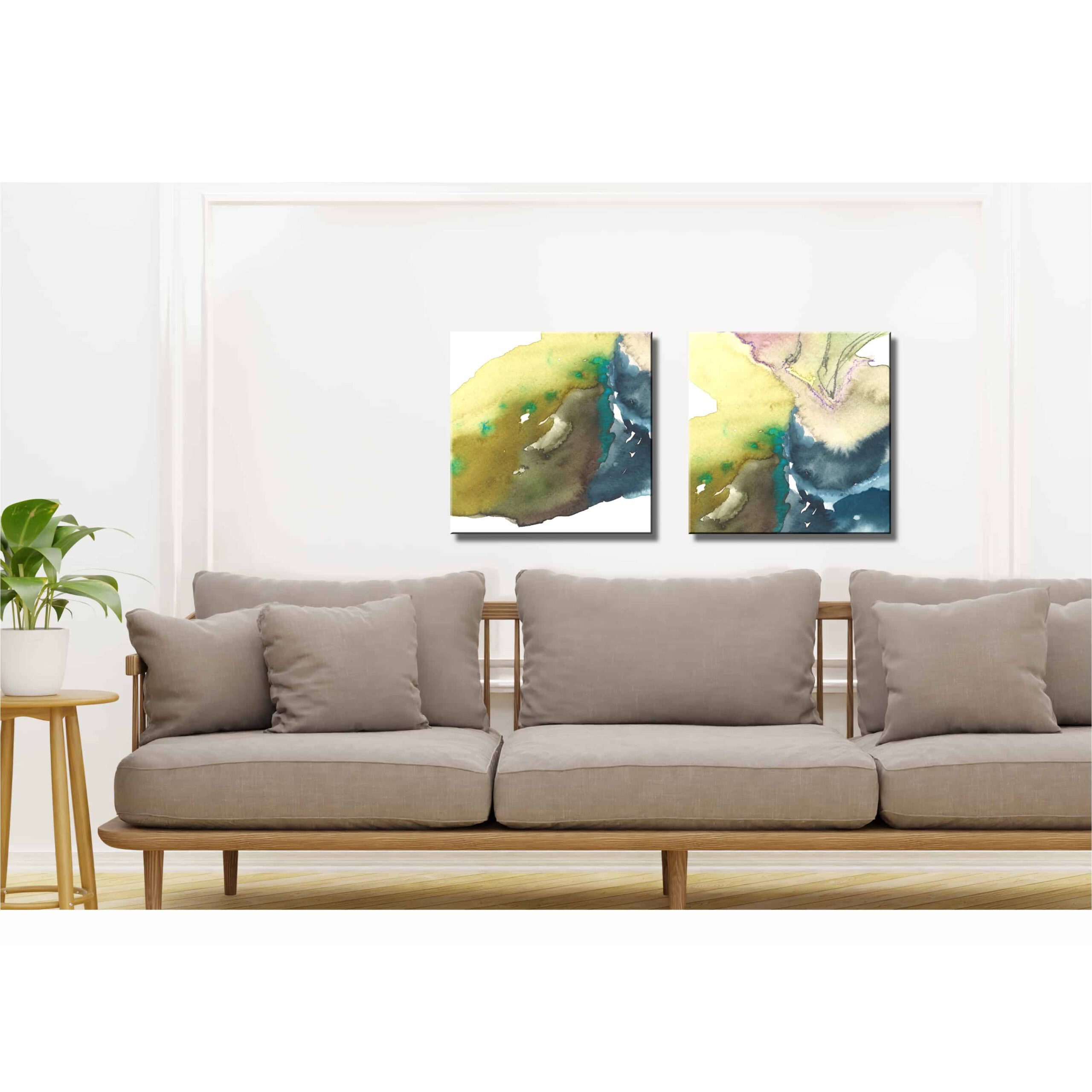 Farbenfrohes Wanddesign von Anna von der Heiden bei AN-NA Design. Hochwertiger Druck auf Leinwand. Maße 50 x 70 cm, Querformat. Farben: Türkis, Blau, Grau, Rosa, Gelb, Grün. Hier ein Anwendungsbeispiel für eine Bildergalerie in einem Wohnzimmer.