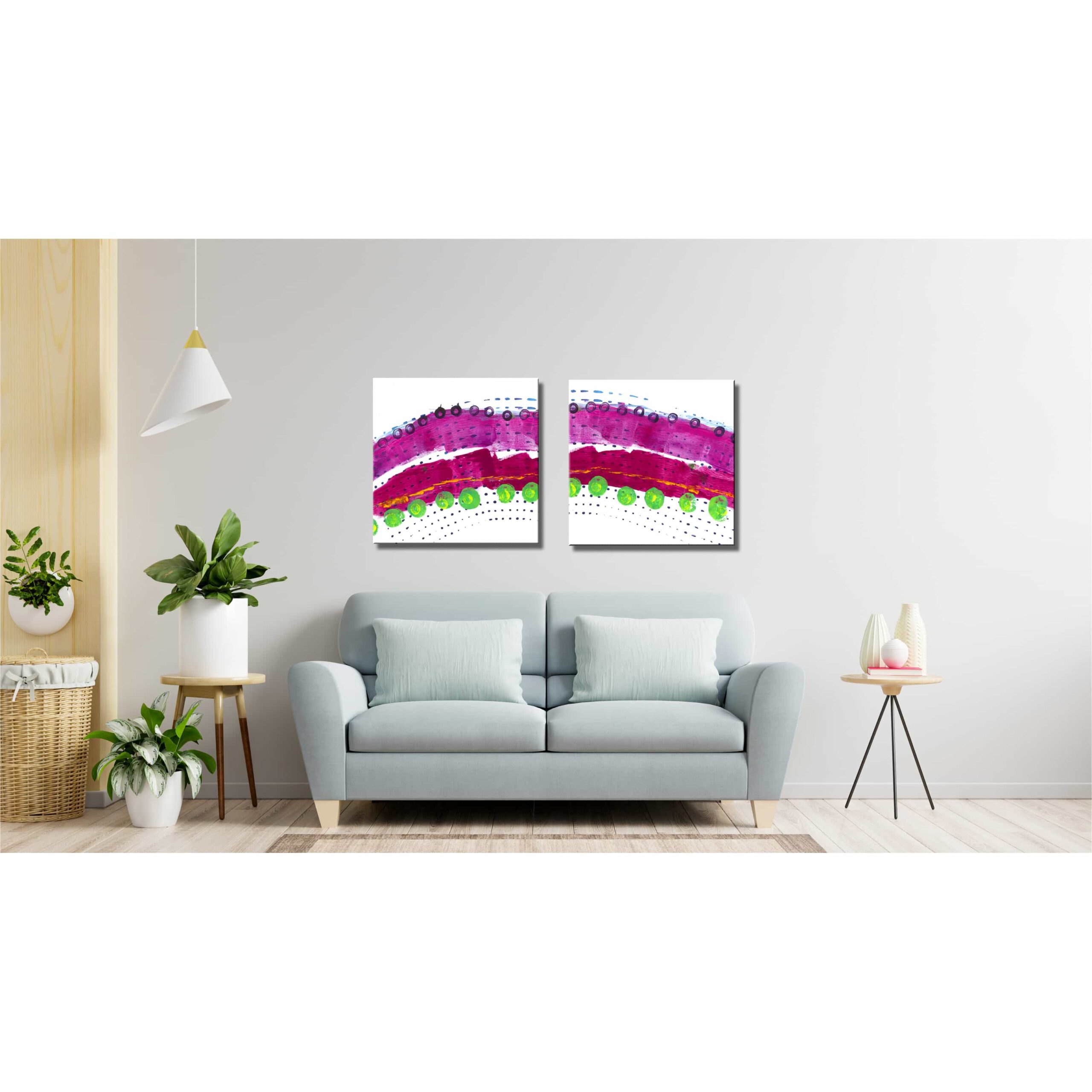 Farbenfrohes Wanddesign von Anna von der Heiden bei AN-NA Design. Hochwertiger Druck auf Leinwand. Farben: Orange, Rot, Rosa, Pink, Violett, Lila, Grün, Bordeauxrot.