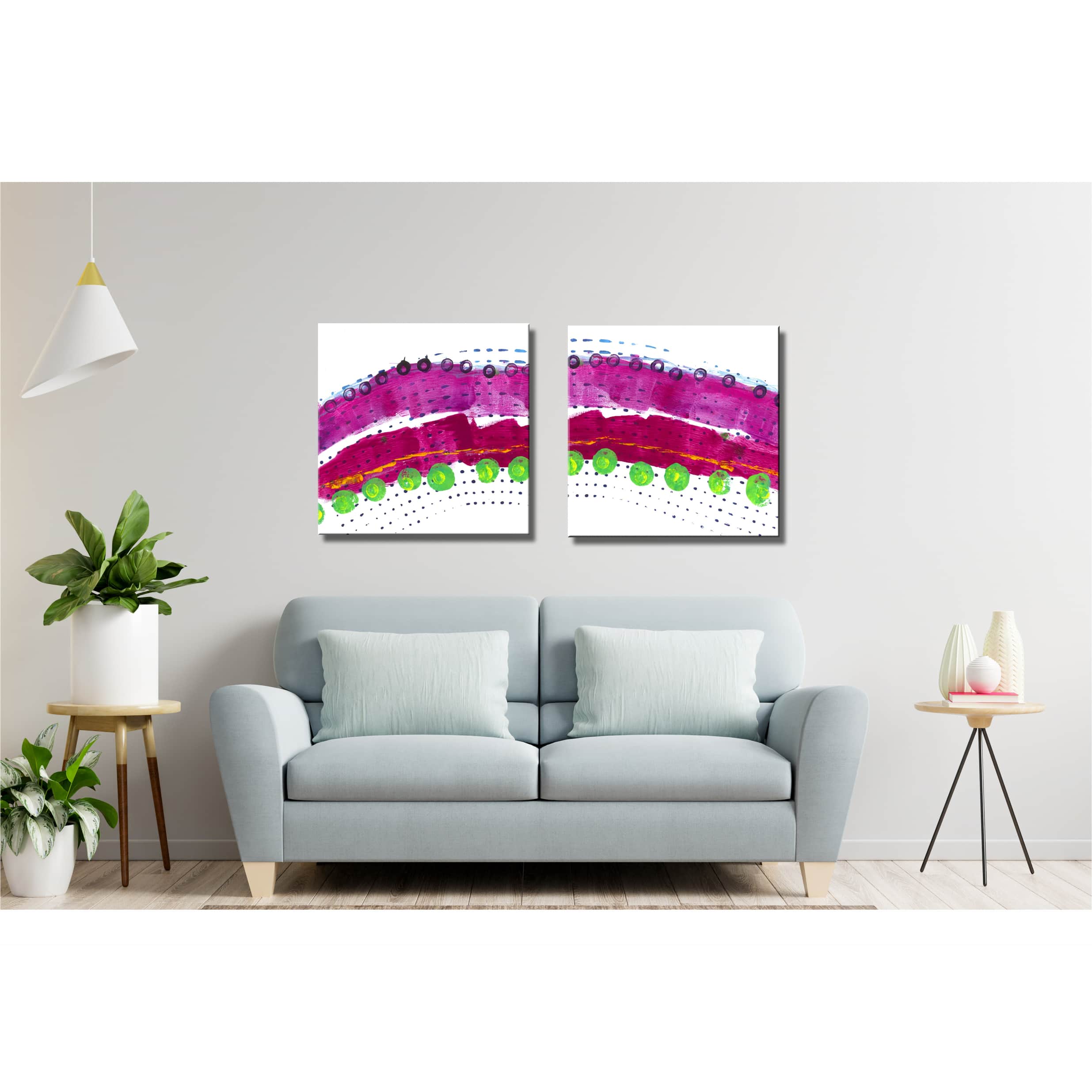 Farbenfrohes Wanddesign von Anna von der Heiden bei AN-NA Design. Hochwertiger Druck auf Leinwand. Farben: Orange, Rot, Rosa, Pink, Violett, Lila, Grün, Bordeauxrot.