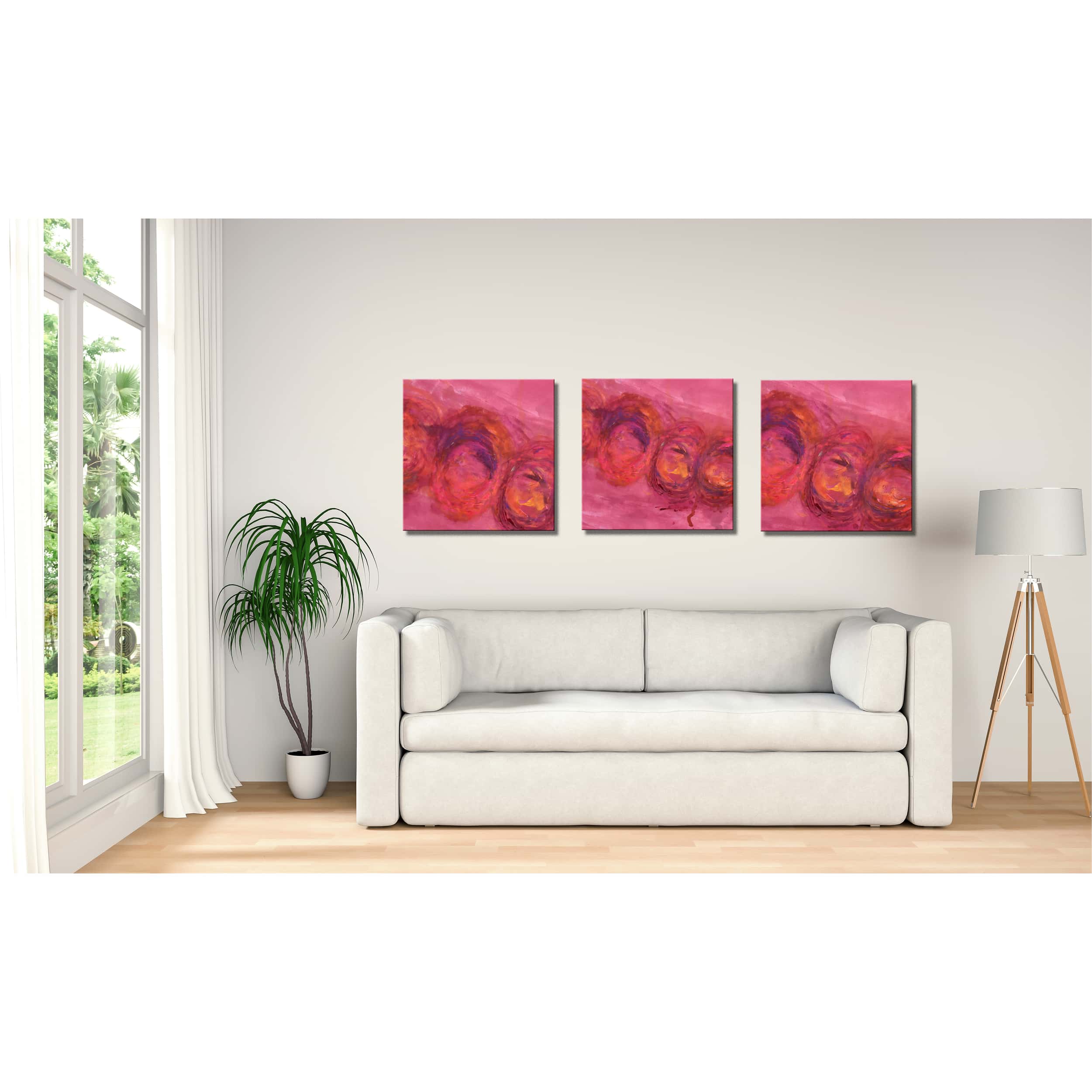 Farbenfrohes Wanddesign von Anna von der Heiden bei AN-NA Design. Hochwertiger Druck auf Leinwand. Farben: Rot, Rosa, Pink, Violett, Orange, Bordeauxrot. Hier ein Anwendungsbeispiel für eine Bildergalerie in einem Wohnzimmer.