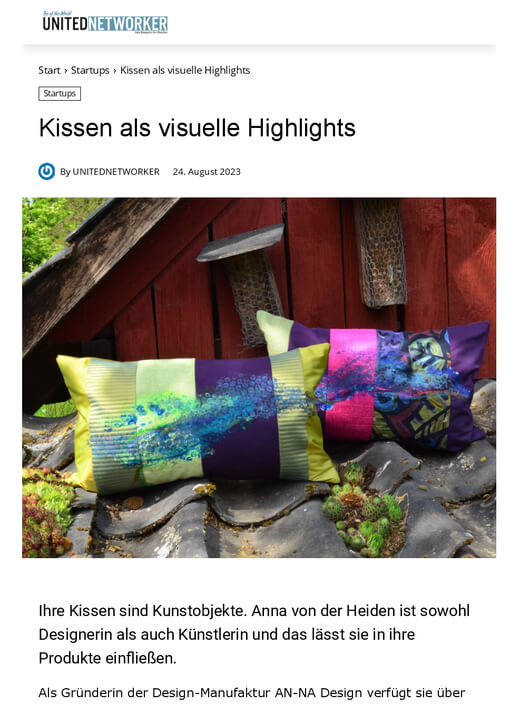 Presse über AN-NA Design. Hier berichtet das Magazin United Networker über die Kunst-Kissen von AN-NA Design.