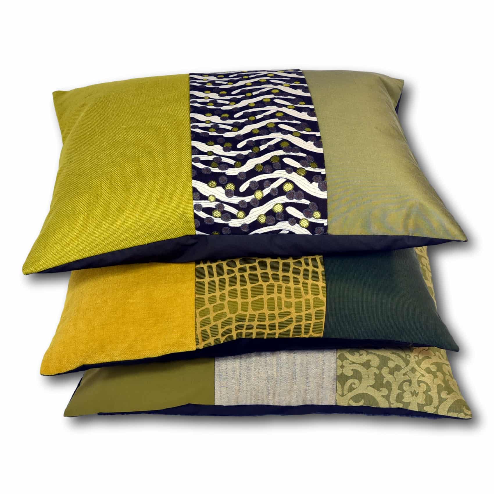 AN-NA Design bietet edle Kissen und besondere Geschenke, Design Manufaktur, handgefertigt in Deutschland. Hier ein Kissen in den Farben Grün und Gelb, zusammen mit weiteren passenden Kissen.