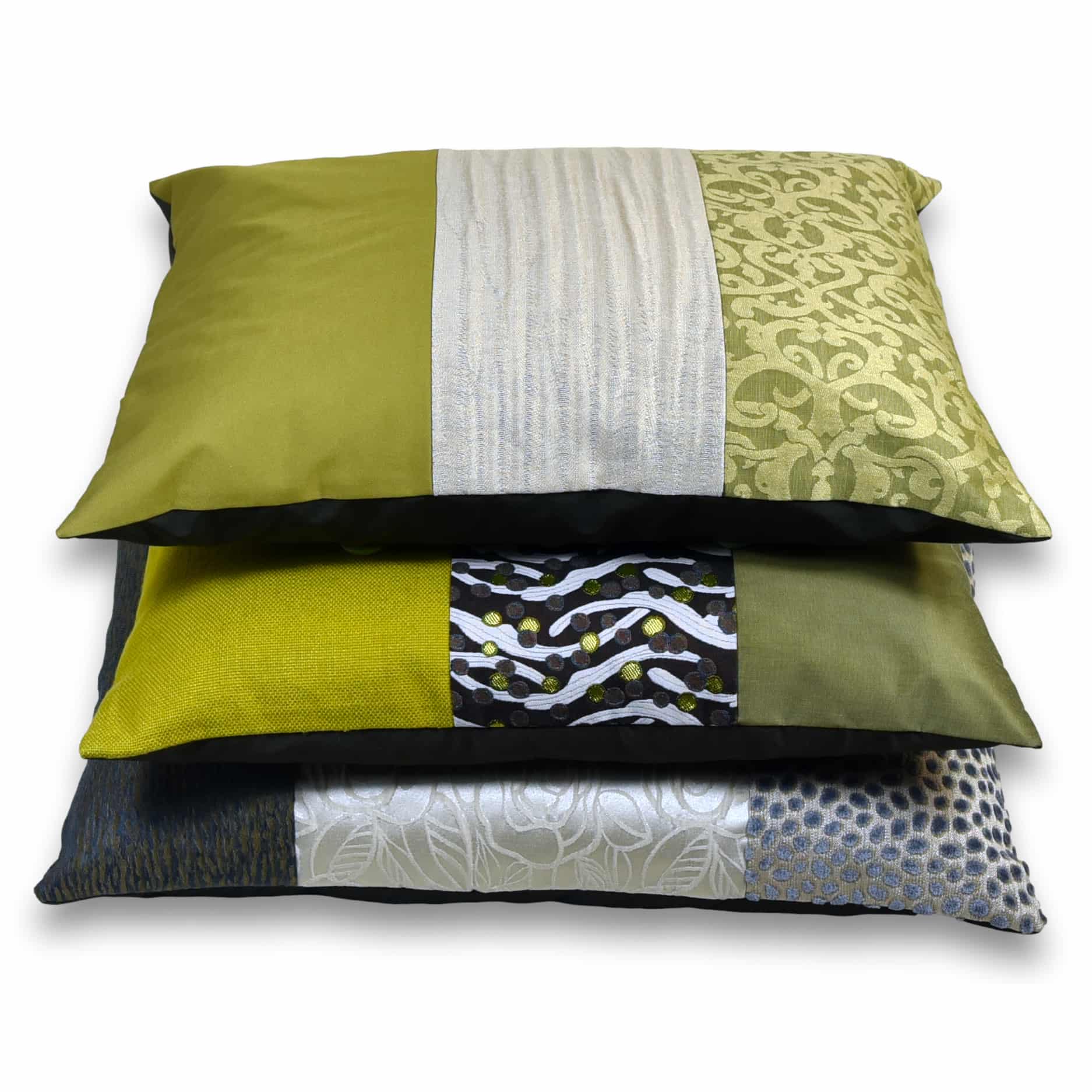 AN-NA Design bietet edle Kissen und besondere Geschenke, Design Manufaktur, handgefertigt in Deutschland. Hier ein Kissen in den Farben Grün und Gelb, zusammen mit weiteren passenden Kissen.