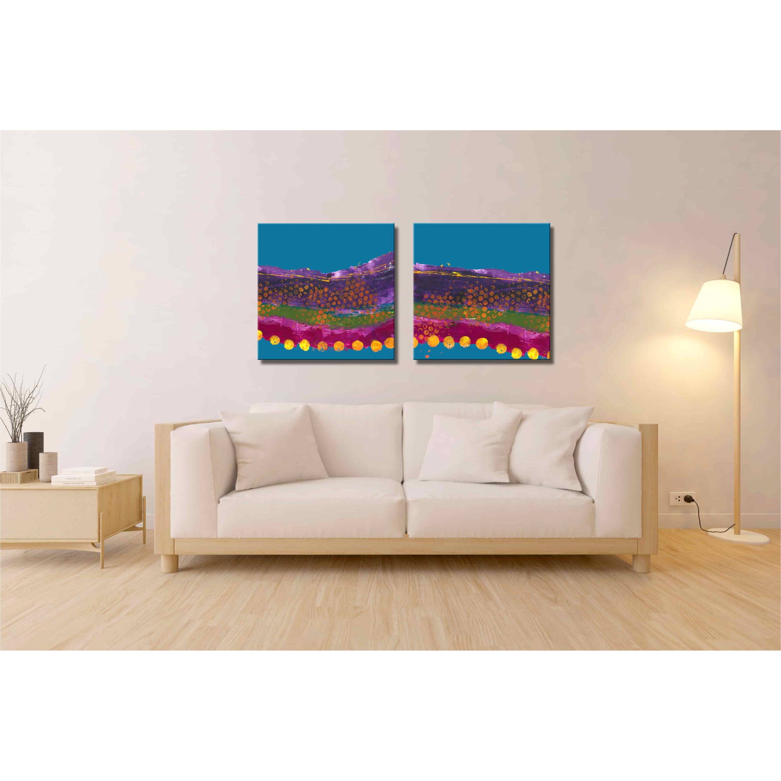 Farbenfrohes Wanddesign von Anna von der Heiden bei AN-NA Design. Hochwertiger Druck auf Leinwand. Maße 50 x 70 cm, Querformat. Farben: Türkis, Blau, Rot, Rosa, Pink, Violett, Lila, Orange, Grün, Bordeauxrot. Hier ein Anwendungsbeispiel für eine Bildergalerie in einem Wohnzimmer.