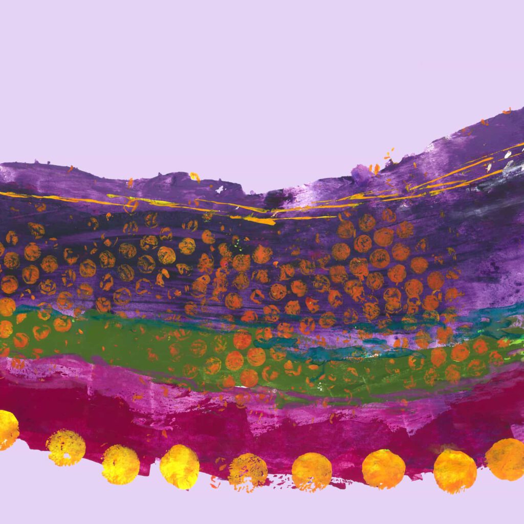 Farbenfrohes Wanddesign von Anna von der Heiden bei AN-NA Design. Hochwertiger Druck auf Leinwand. Farben: Türkis, Blau, Rot, Rosa, Pink, Violett, Lila, Orange, Grün, Bordeauxrot. Hier ein Anwendungsbeispiel für eine Bildergalerie in einem Wohnzimmer.