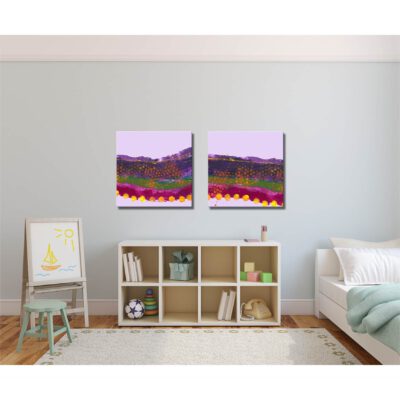 Farbenfrohes Wanddesign von Anna von der Heiden bei AN-NA Design. Hochwertiger Druck auf Leinwand. Farben: Türkis, Blau, Rot, Rosa, Pink, Violett, Lila, Orange, Grün, Bordeauxrot. Hier ein Anwendungsbeispiel für eine Bildergalerie in einem Wohnzimmer.