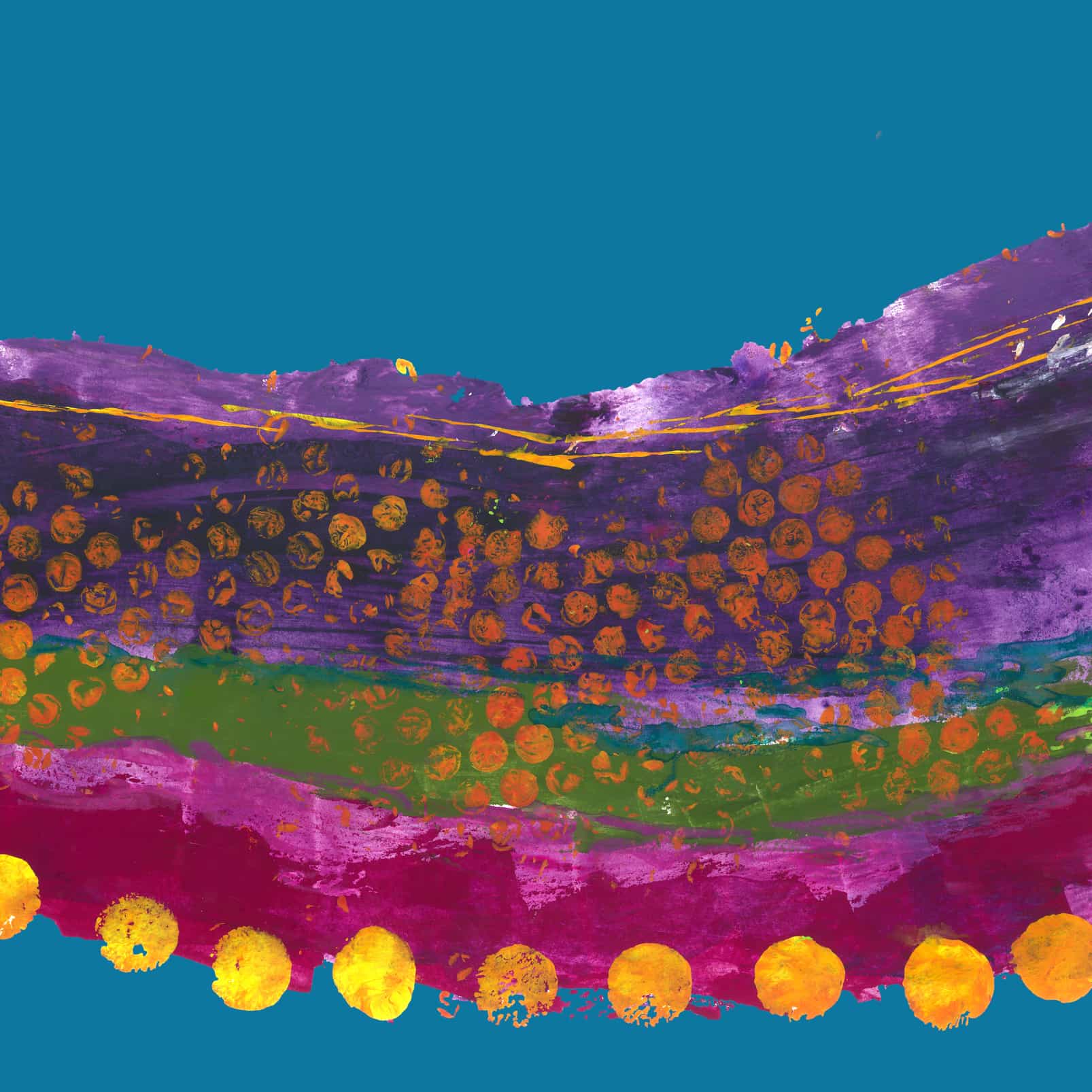 Farbenfrohes Wanddesign von Anna von der Heiden bei AN-NA Design. Hochwertiger Druck auf Leinwand. Farben: Türkis, Blau, Rot, Rosa, Pink, Violett, Lila, Orange, Grün, Bordeauxrot. Hier ein Anwendungsbeispiel für eine Bildergalerie in einem Wohnzimmer.