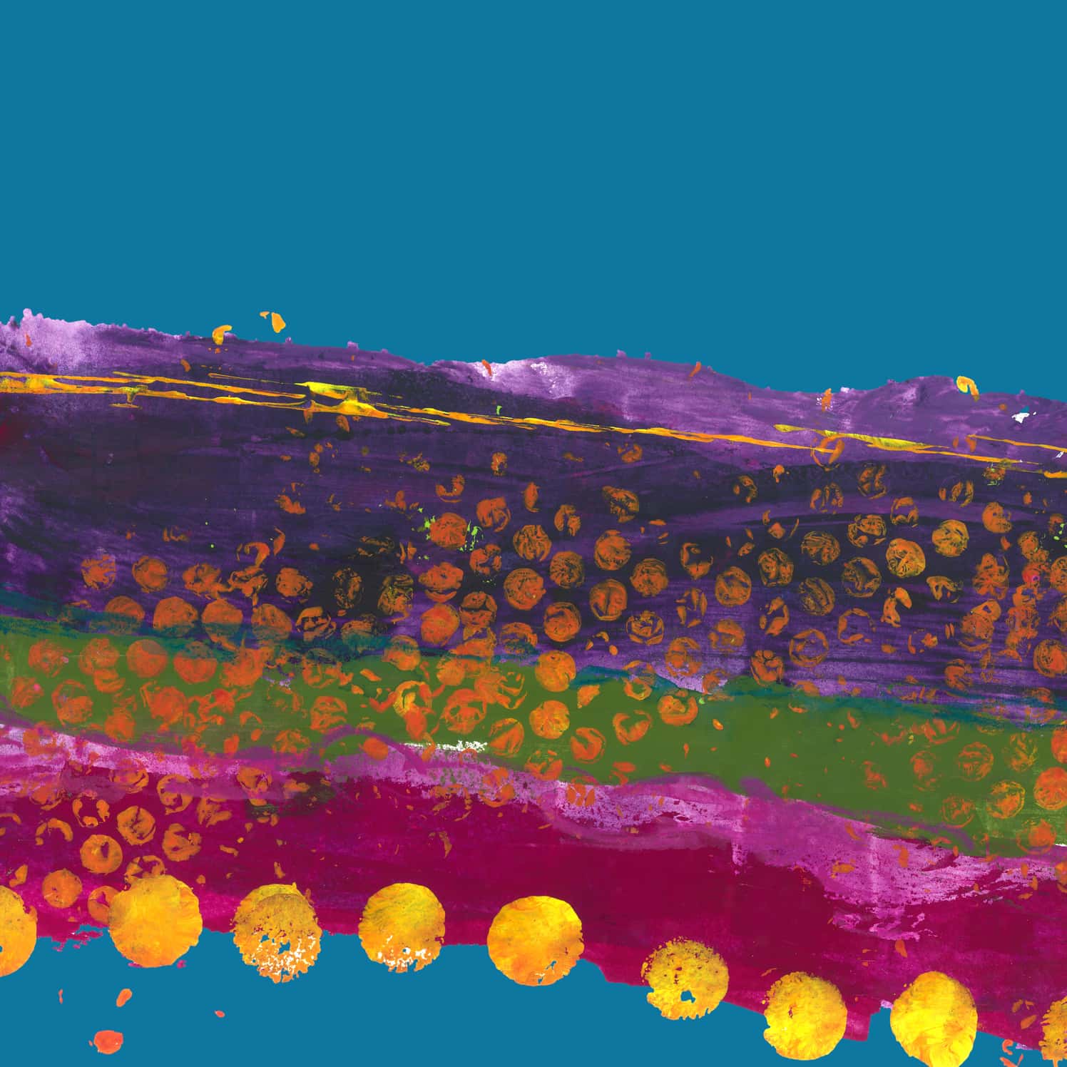 Farbenfrohes Wanddesign von Anna von der Heiden bei AN-NA Design. Hochwertiger Druck auf Leinwand. Farben: Türkis, Blau, Rot, Rosa, Pink, Violett, Lila, Orange, Grün, Bordeauxrot. Hier ein Anwendungsbeispiel für eine Bildergalerie in einem Wohnzimmer.