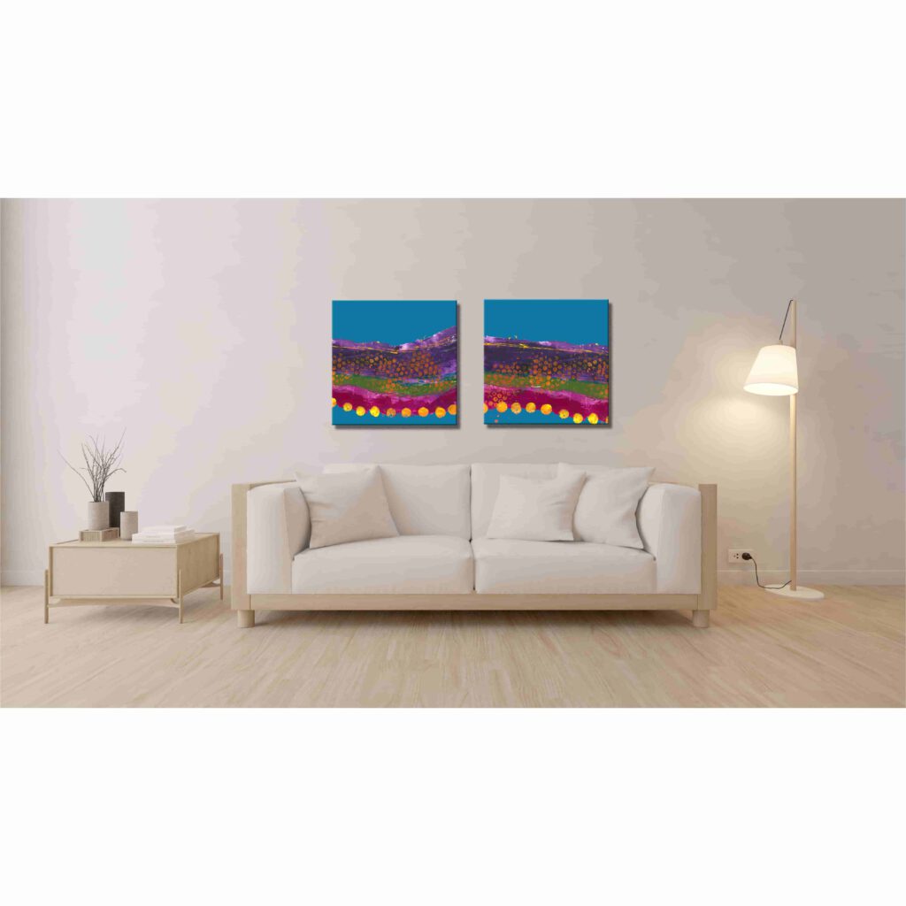 Farbenfrohes Wanddesign von Anna von der Heiden bei AN-NA Design. Hochwertiger Druck auf Leinwand. Maße 50 x 70 cm, Querformat. Farben: Türkis, Blau, Rot, Rosa, Pink, Violett, Lila, Orange, Grün, Bordeauxrot. Hier ein Anwendungsbeispiel für eine Bildergalerie in einem Wohnzimmer.