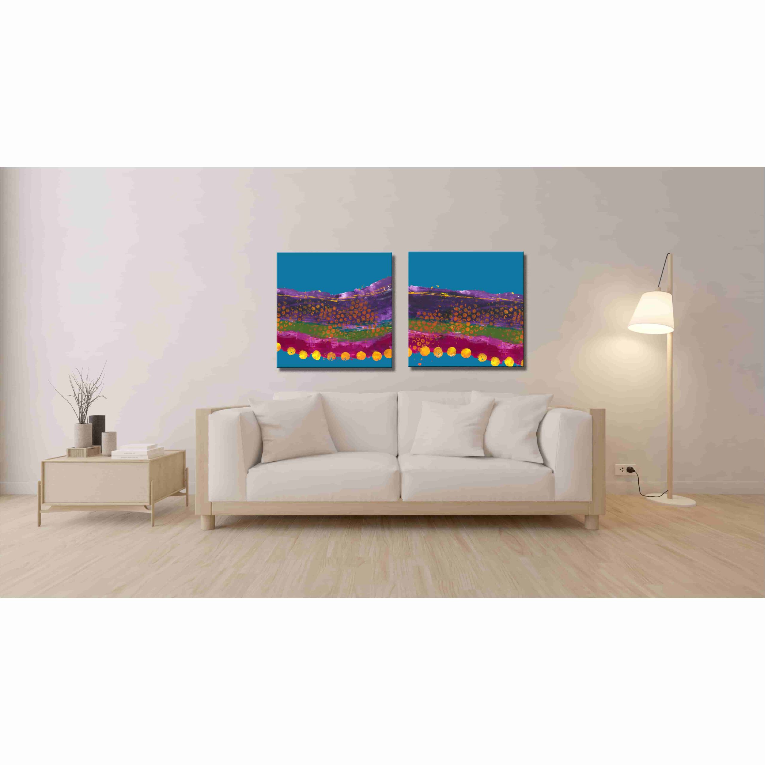 Farbenfrohes Wanddesign von Anna von der Heiden bei AN-NA Design. Hochwertiger Druck auf Leinwand. Maße 50 x 70 cm, Querformat. Farben: Türkis, Blau, Rot, Rosa, Pink, Violett, Lila, Orange, Grün, Bordeauxrot. Hier ein Anwendungsbeispiel für eine Bildergalerie in einem Wohnzimmer.