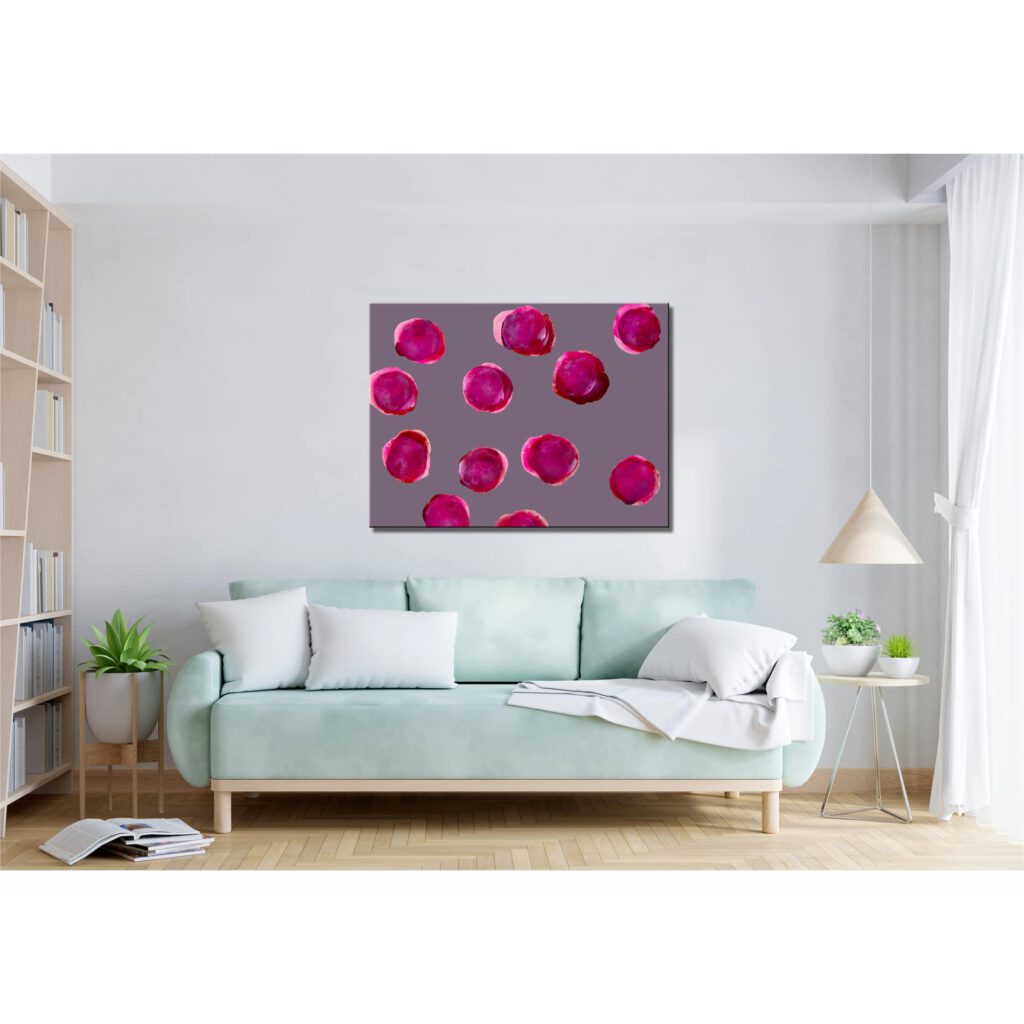 Farbenfrohes Wanddesign von Anna von der Heiden bei AN-NA Design. Hochwertiger Druck auf Leinwand. Serie Bubbles. Hier ist das Design als Ausdruck auf Leinwand im Querformat zu sehen, in verschiedenen Pink- und Rottönen.