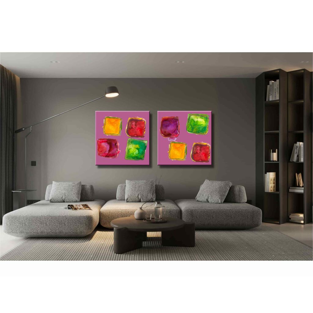 Farbenfrohes Wanddesign von Anna von der Heiden bei AN-NA Design. Hochwertiger Druck auf Leinwand. Hier ein Anwendungsbeispiel für eine Bildergalerie in einem Wohnzimmer.