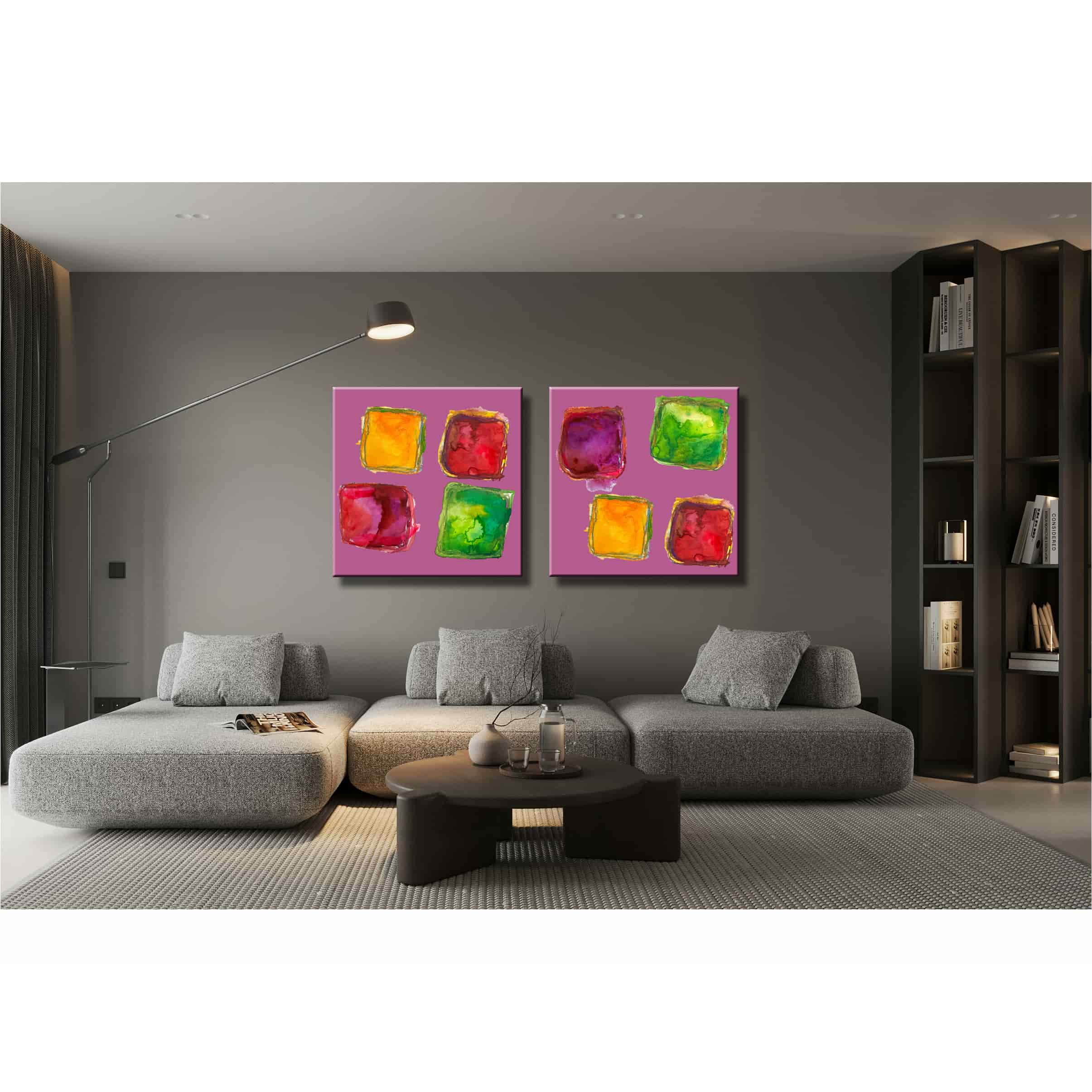 Farbenfrohes Wanddesign von Anna von der Heiden bei AN-NA Design. Hochwertiger Druck auf Leinwand. Hier ein Anwendungsbeispiel für eine Bildergalerie in einem Wohnzimmer.