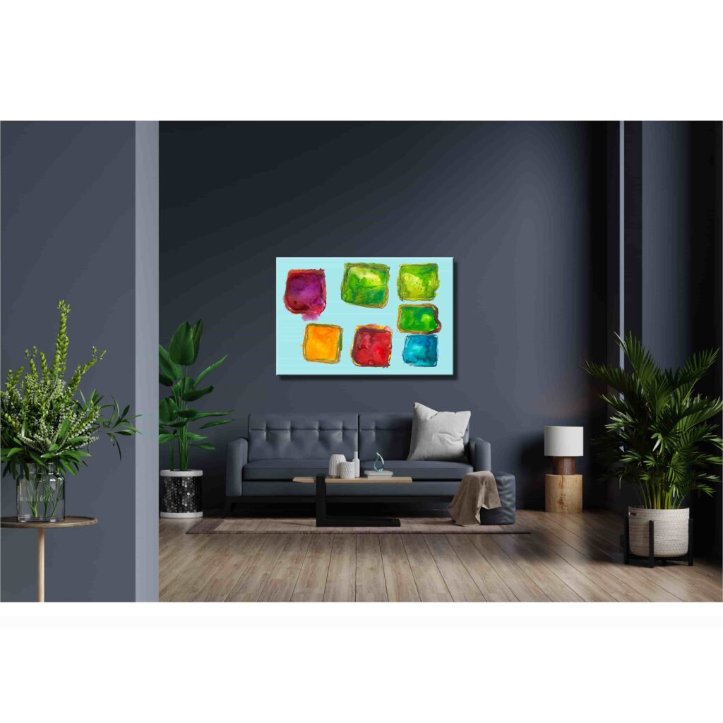 Farbenfrohes Wanddesign von Anna von der Heiden bei AN-NA Design. Hochwertiger Druck auf Leinwand. Hier ein Anwendungsbeispiel für eine Bildergalerie in einem Wohnzimmer.