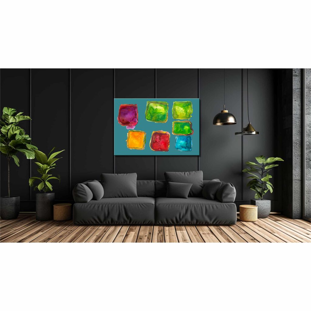 Farbenfrohes Wanddesign von Anna von der Heiden bei AN-NA Design. Hochwertiger Druck auf Leinwand. Hier ein Anwendungsbeispiel für eine Bildergalerie in einem Wohnzimmer.