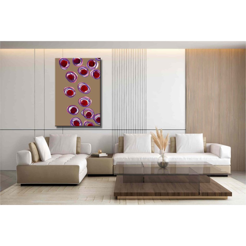 Farbenfrohes Wanddesign von Anna von der Heiden bei AN-NA Design. Hochwertiger Druck auf Leinwand. Hier ein Anwendungsbeispiel für eine Bildergalerie in einem Wohnzimmer.