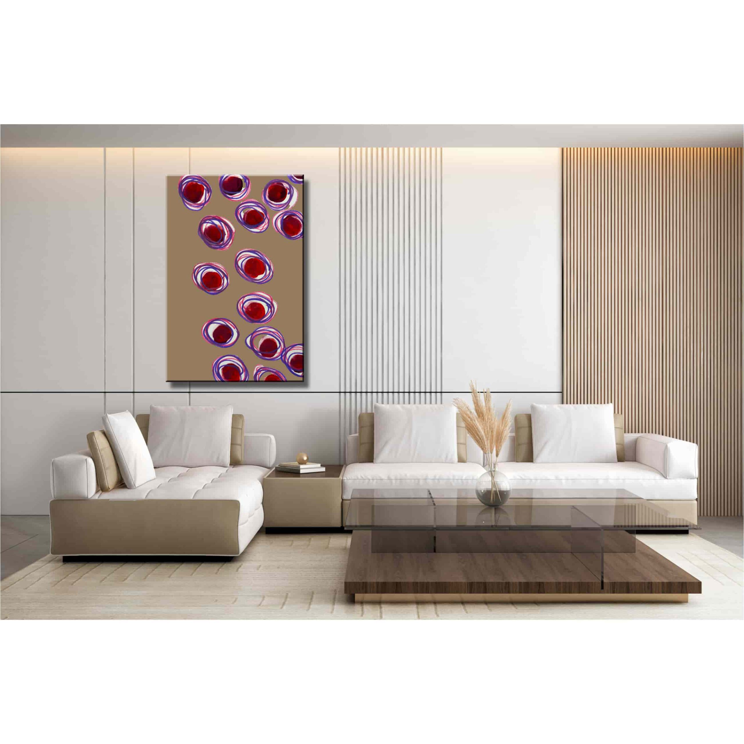 Farbenfrohes Wanddesign von Anna von der Heiden bei AN-NA Design. Hochwertiger Druck auf Leinwand. Hier ein Anwendungsbeispiel für eine Bildergalerie in einem Wohnzimmer.