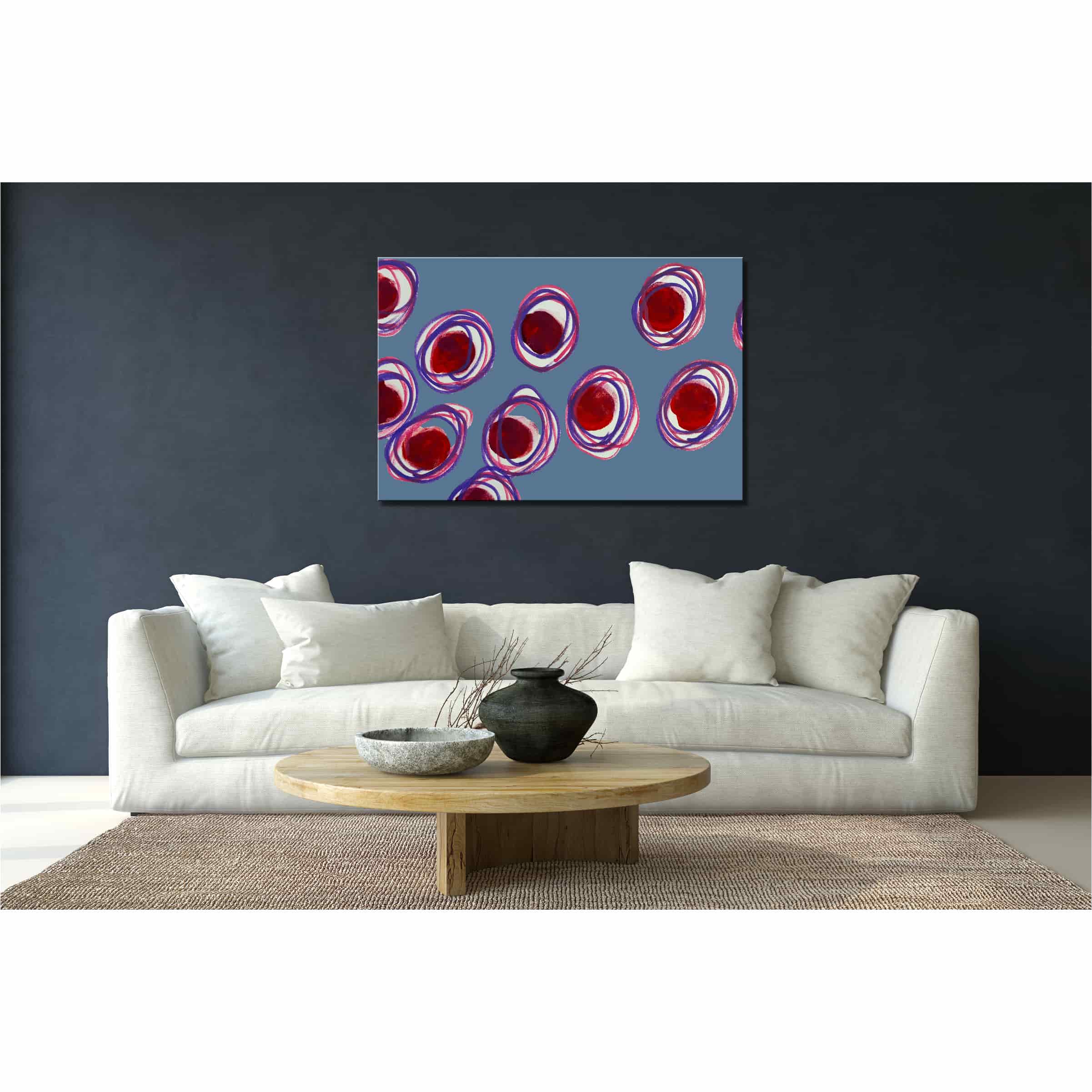 Farbenfrohes Wanddesign von Anna von der Heiden bei AN-NA Design. Hochwertiger Druck auf Leinwand. Hier ein Anwendungsbeispiel für eine Bildergalerie in einem Wohnzimmer.