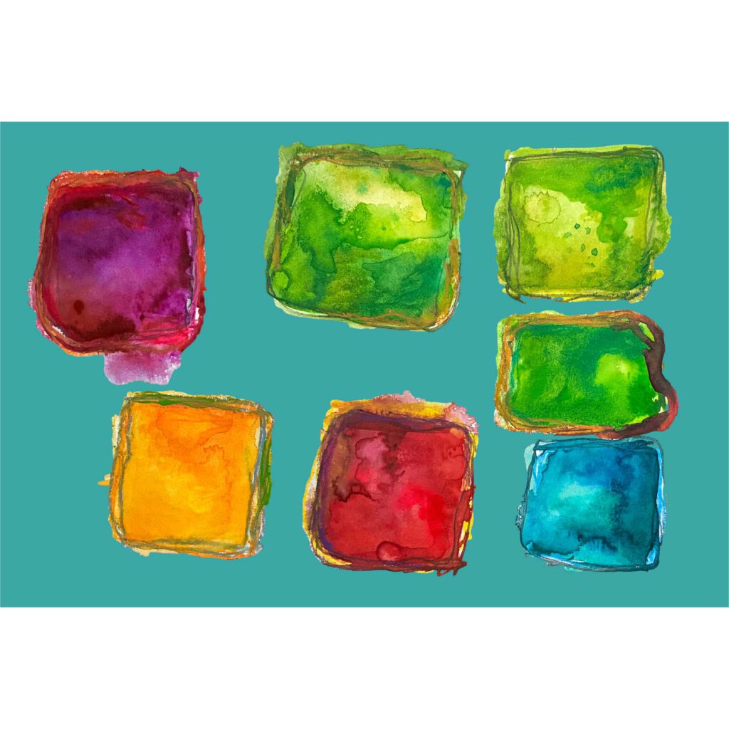 Farbenfrohes Wanddesign von Anna von der Heiden bei AN-NA Design. Hochwertiger Druck auf Leinwand. Hier ein Anwendungsbeispiel für eine Bildergalerie in einem Wohnzimmer.