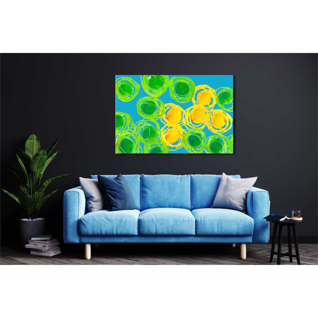 Farbenfrohes Wanddesign von Anna von der Heiden bei AN-NA Design. Hochwertiger Druck auf Leinwand. Hier ein Anwendungsbeispiel für eine Bildergalerie in einem Wohnzimmer.