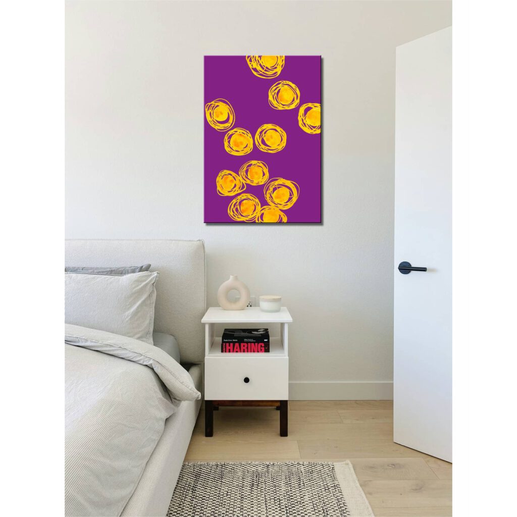 Farbenfrohes Wanddesign von Anna von der Heiden bei AN-NA Design. Hochwertiger Druck auf Leinwand. Hier ein Anwendungsbeispiel für eine Bildergalerie in einem Schlafzimmer.