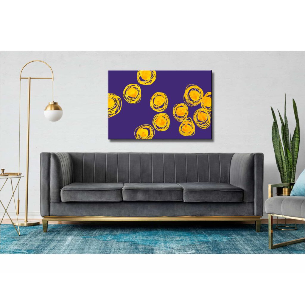 Farbenfrohes Wanddesign von Anna von der Heiden bei AN-NA Design. Hochwertiger Druck auf Leinwand. Hier ein Anwendungsbeispiel für eine Bildergalerie in einem Wohnzimmer.