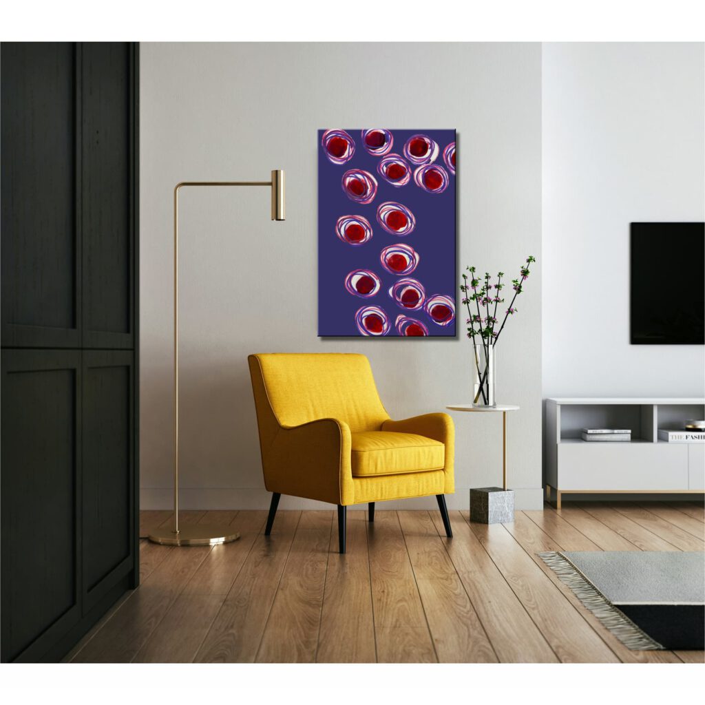 Farbenfrohes Wanddesign von Anna von der Heiden bei AN-NA Design. Hochwertiger Druck auf Leinwand. Hier ein Anwendungsbeispiel für eine Bildergalerie in einem Wohnzimmer.