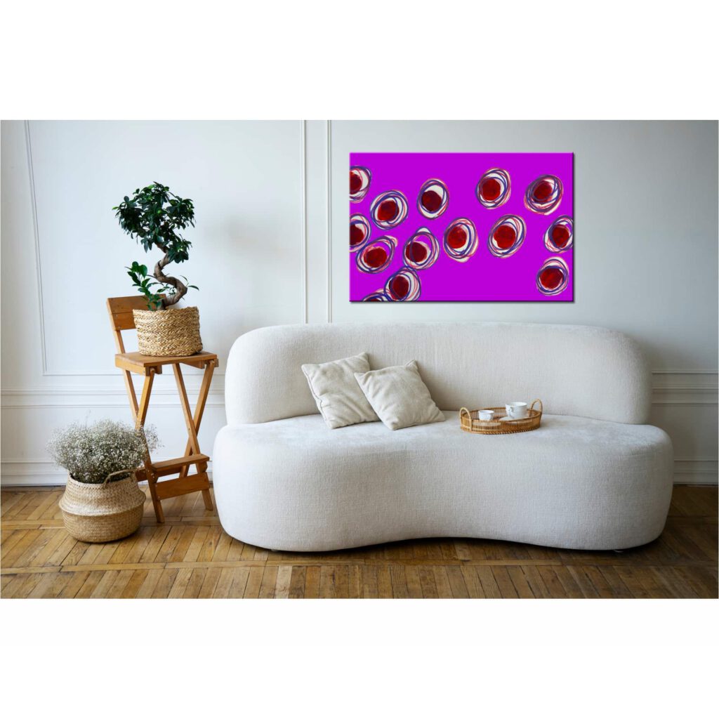 Farbenfrohes Wanddesign von Anna von der Heiden bei AN-NA Design. Hochwertiger Druck auf Leinwand. Hier ein Anwendungsbeispiel für eine Bildergalerie in einem Wohnzimmer.