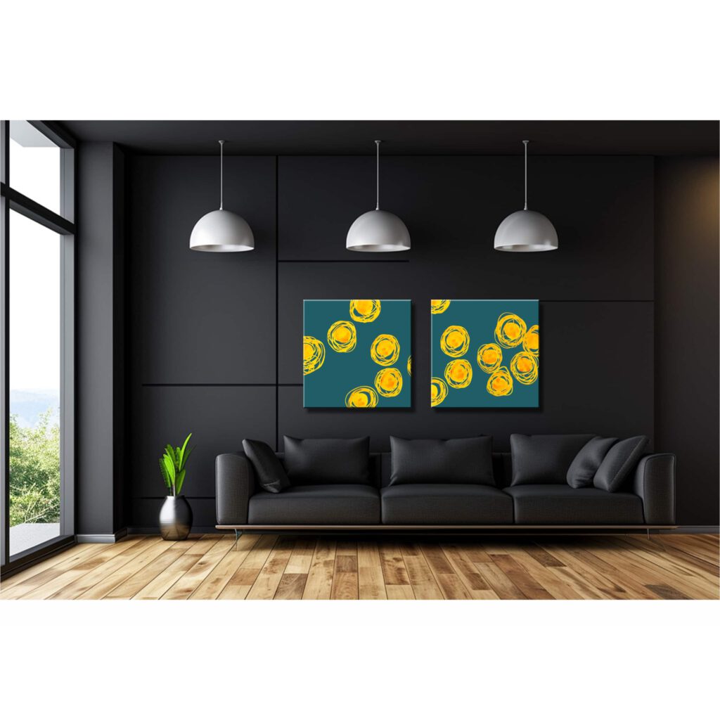 Farbenfrohes Wanddesign von Anna von der Heiden bei AN-NA Design. Hochwertiger Druck auf Leinwand. Hier ein Anwendungsbeispiel für eine Bildergalerie in einem Wohnzimmer.