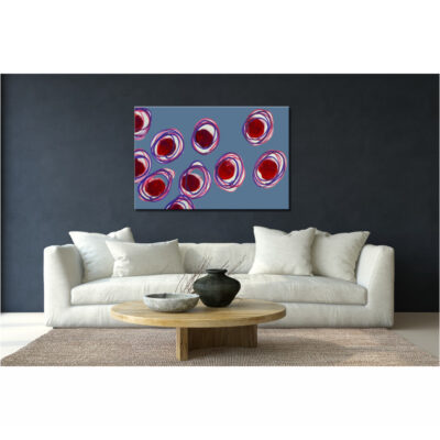 Farbenfrohes Wanddesign von Anna von der Heiden bei AN-NA Design. Hochwertiger Druck auf Leinwand. Hier ein Anwendungsbeispiel für eine Bildergalerie in einem Wohnzimmer.