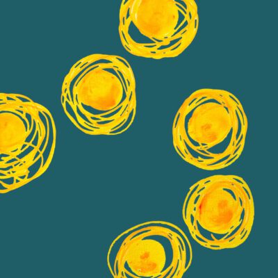 Farbenfrohes Wanddesign von Anna von der Heiden bei AN-NA Design. Hochwertiger Druck auf Leinwand. Serie Bubbles in verschiedenen Gelbtönen, auf grünem Hintergrund.